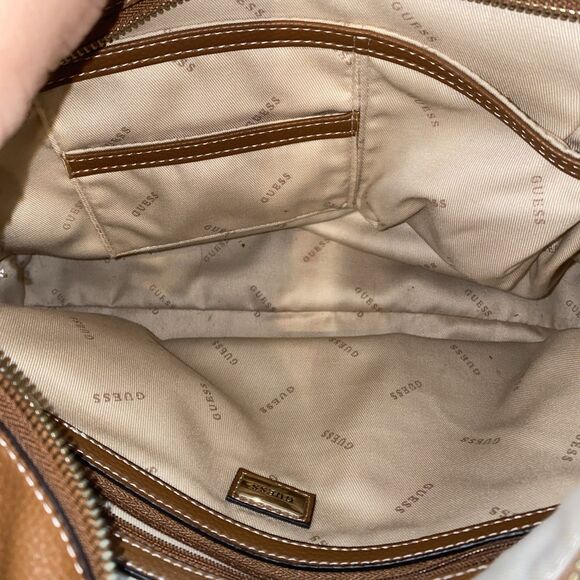 GUESS Raffie Carryall Purse Shoulder Strap Zip Pockets Brown Tan Camel Tote Bag - Picture 8 of 10